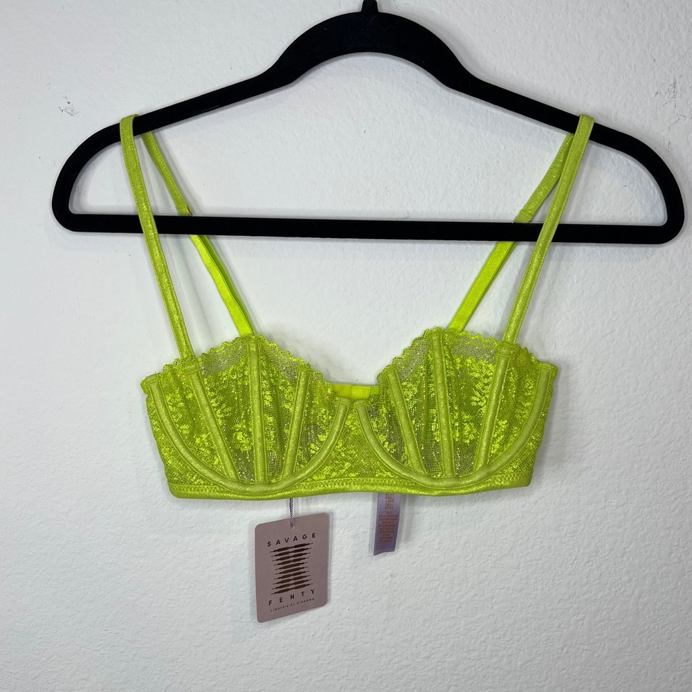 Savage X Fenty Womens Lace Underwire Bra Metallic Neon Green 32C NWT